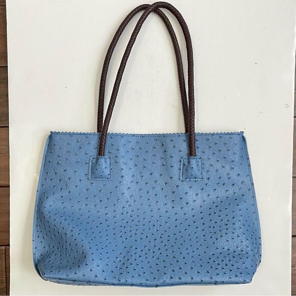 Milan Chiva Tote Bag Large Ostrich Shoulder Handbags Top Handle Zipper Blue - Picture 5 of 15